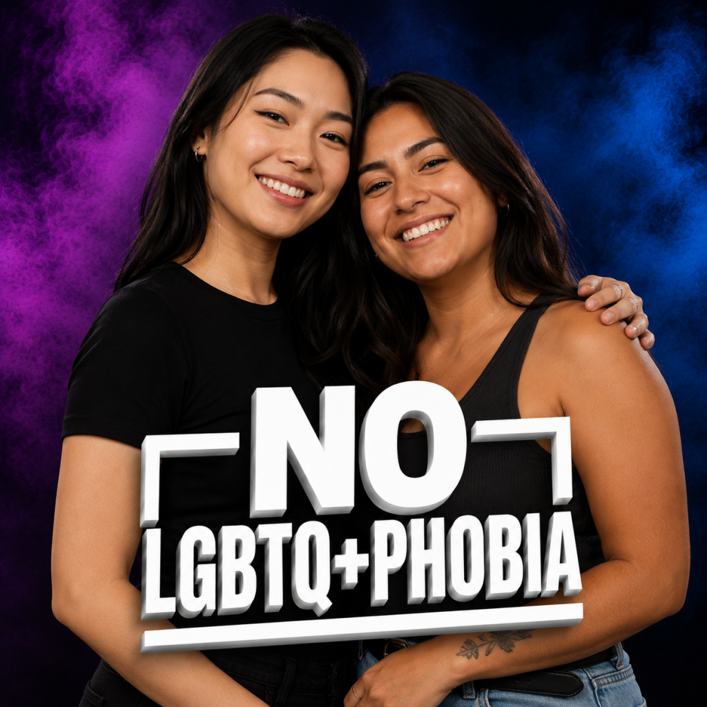 Multicultural lesbian couple in the No LGBTQ+phobia campaign