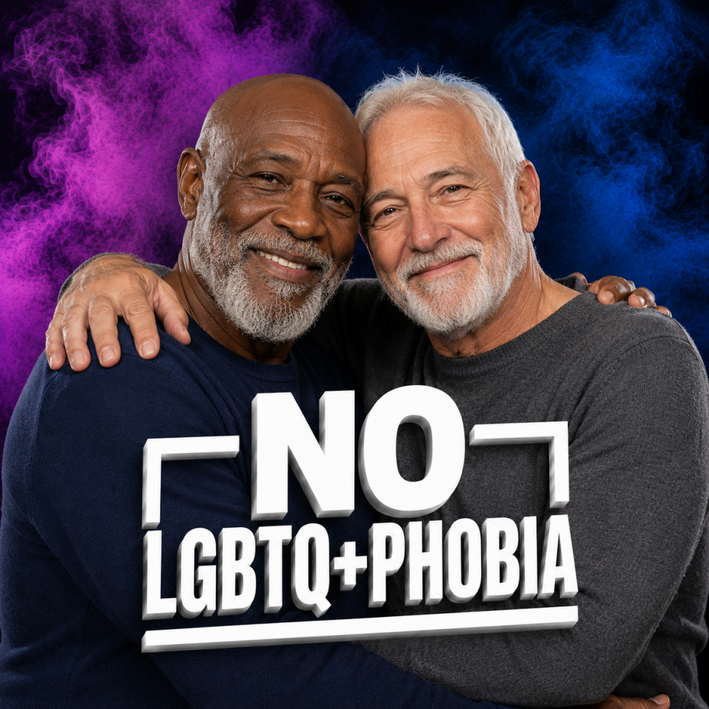 Older gay couple in the No LGBTQ+phobia awareness campaign