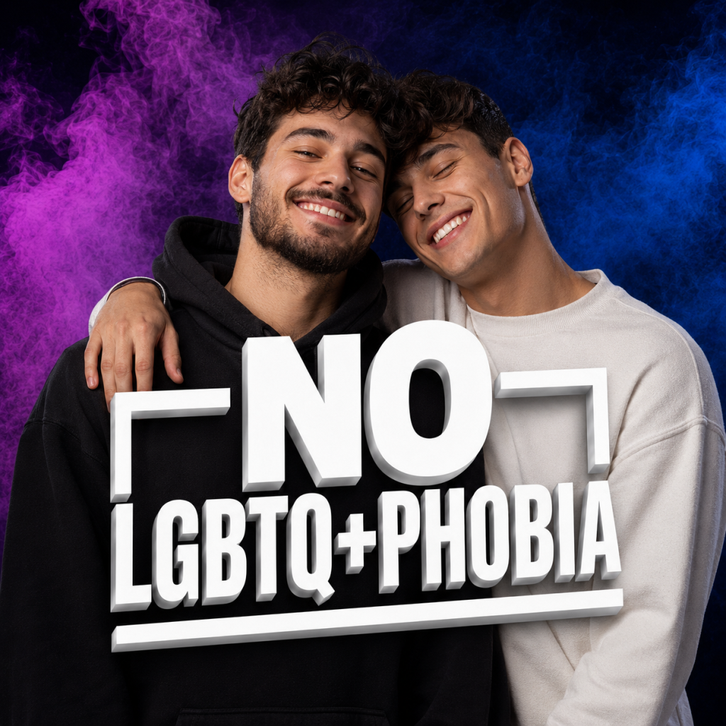 Young gay couple in the No LGBTQ+phobia awareness campaign
