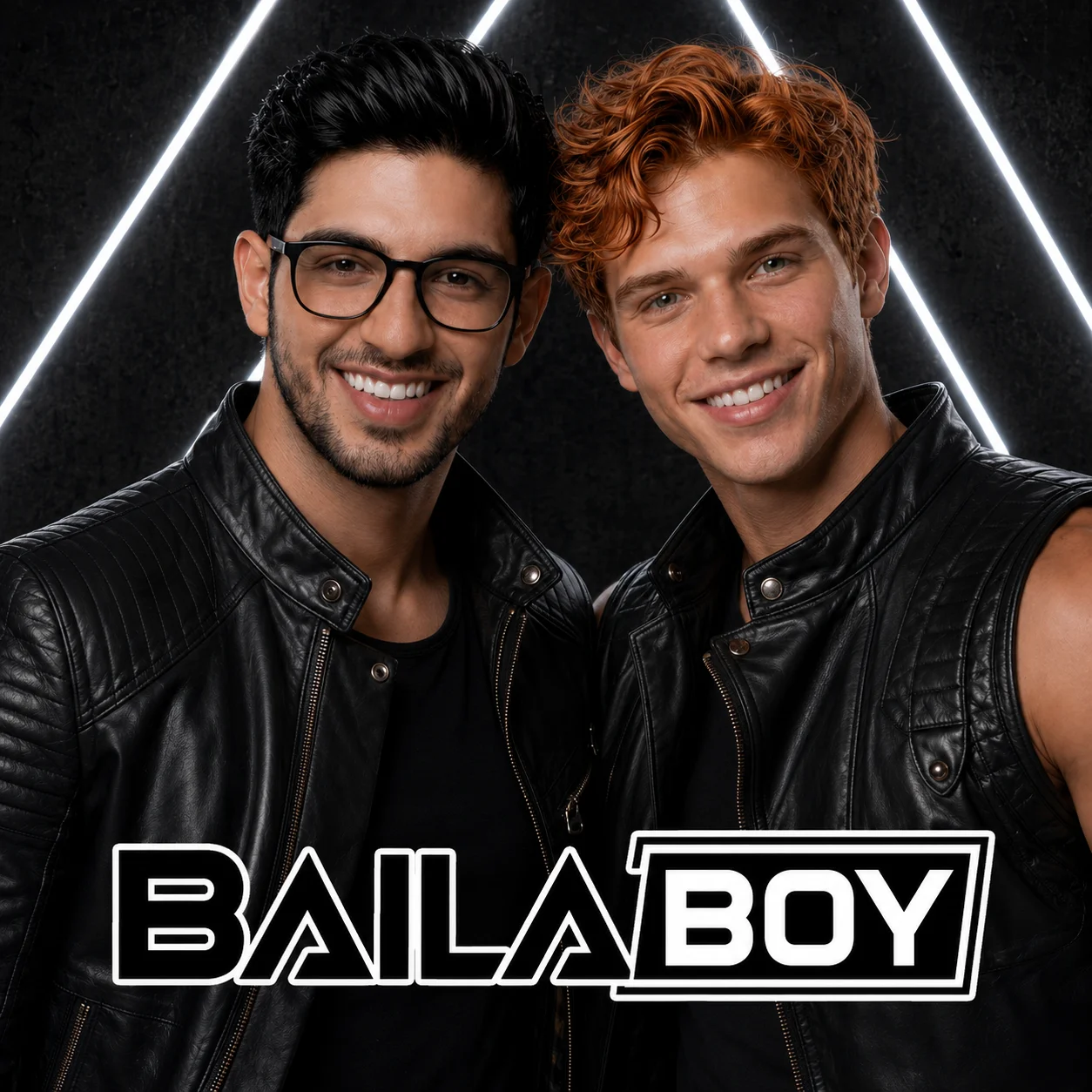 Baila Boy official music video artwork featuring two smiling male performers in black fashion styling beneath white triangular lights.
