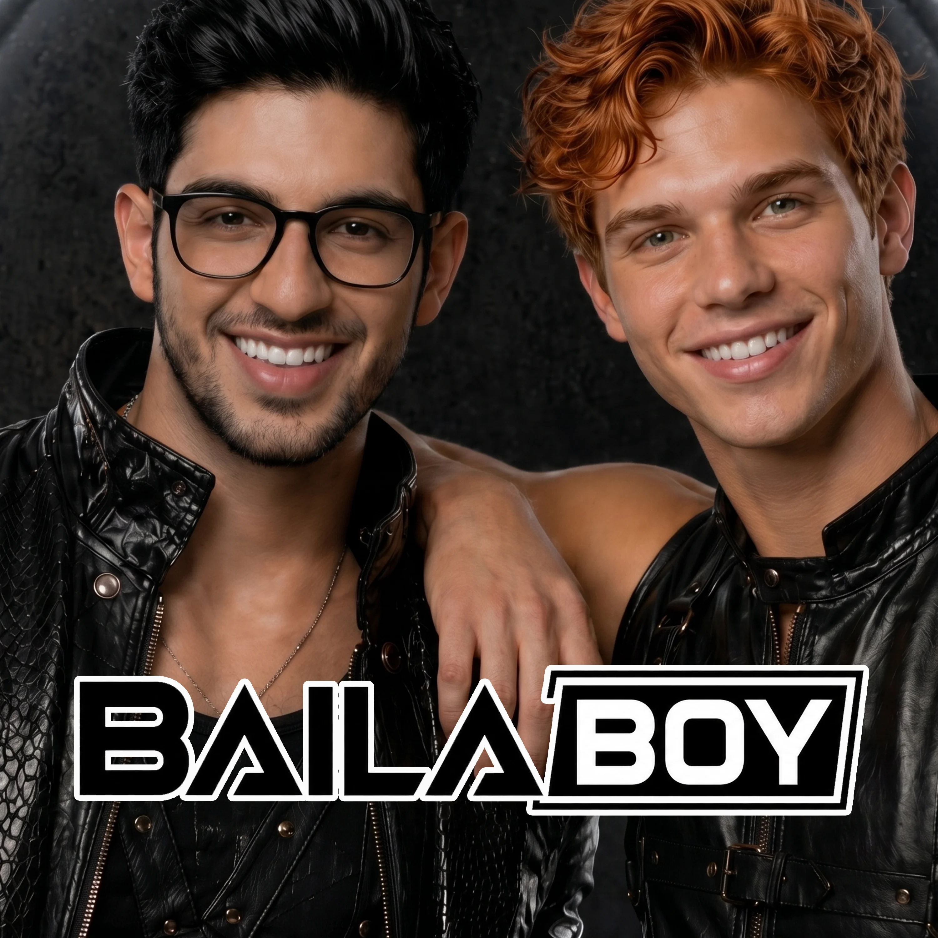 Baila Boy cover artwork featuring two smiling male performers in black leather-inspired styling against a dark textured background.