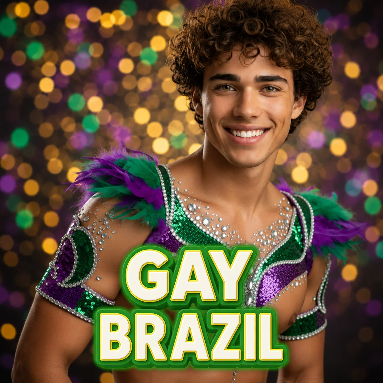 Gay Brazil official music video artwork featuring a smiling male performer in green and purple carnival-inspired costume.