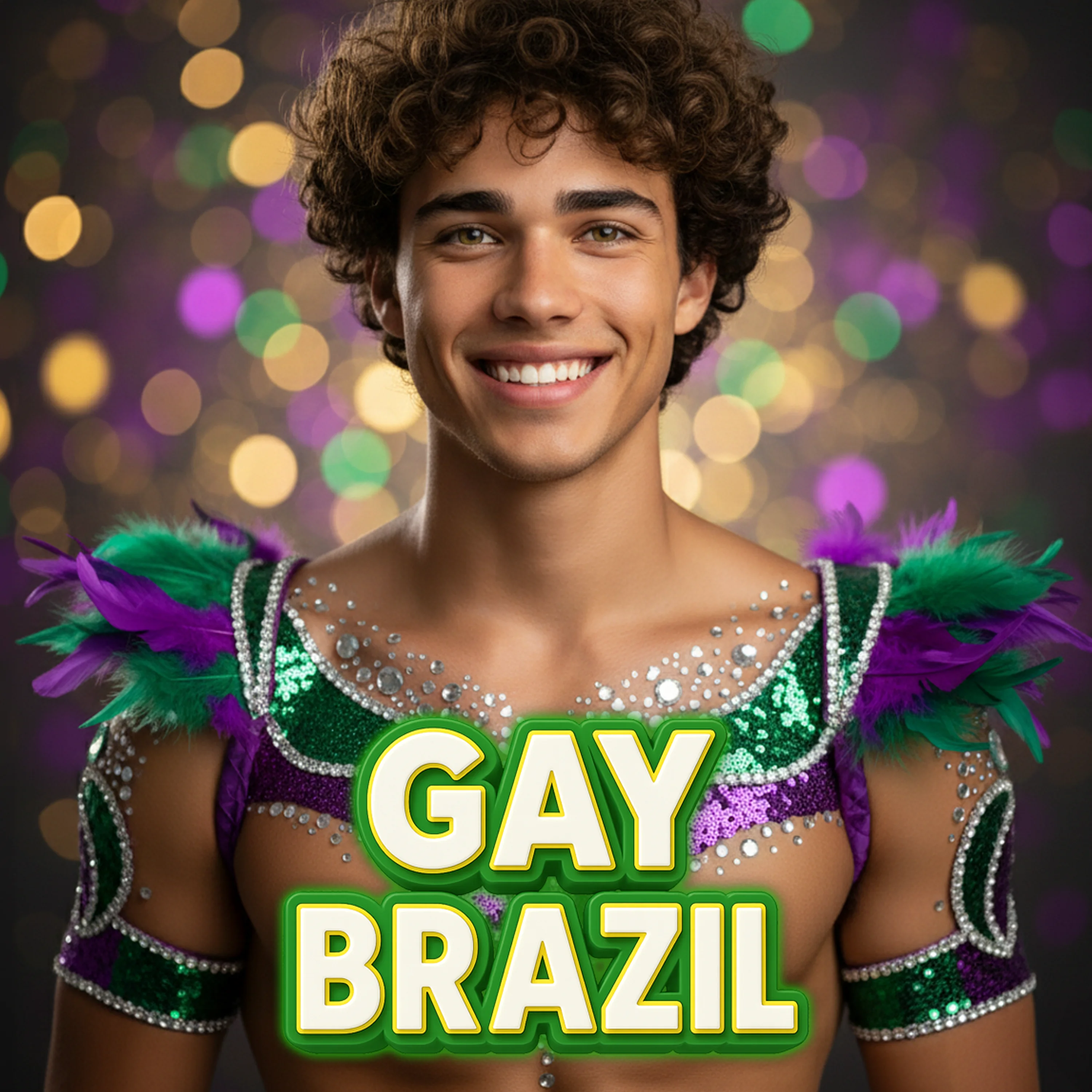 Gay Brazil cover artwork featuring a smiling performer, emerald sequins, purple feathers and warm multicolored lights.