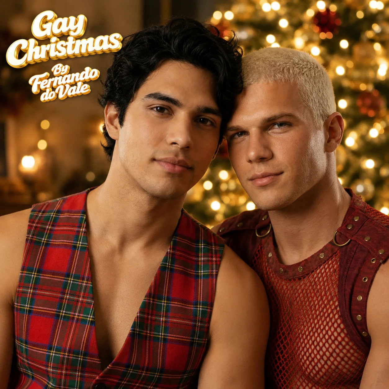 Gay Christmas official music video artwork featuring two male performers in red festive styling before warm golden Christmas lights.