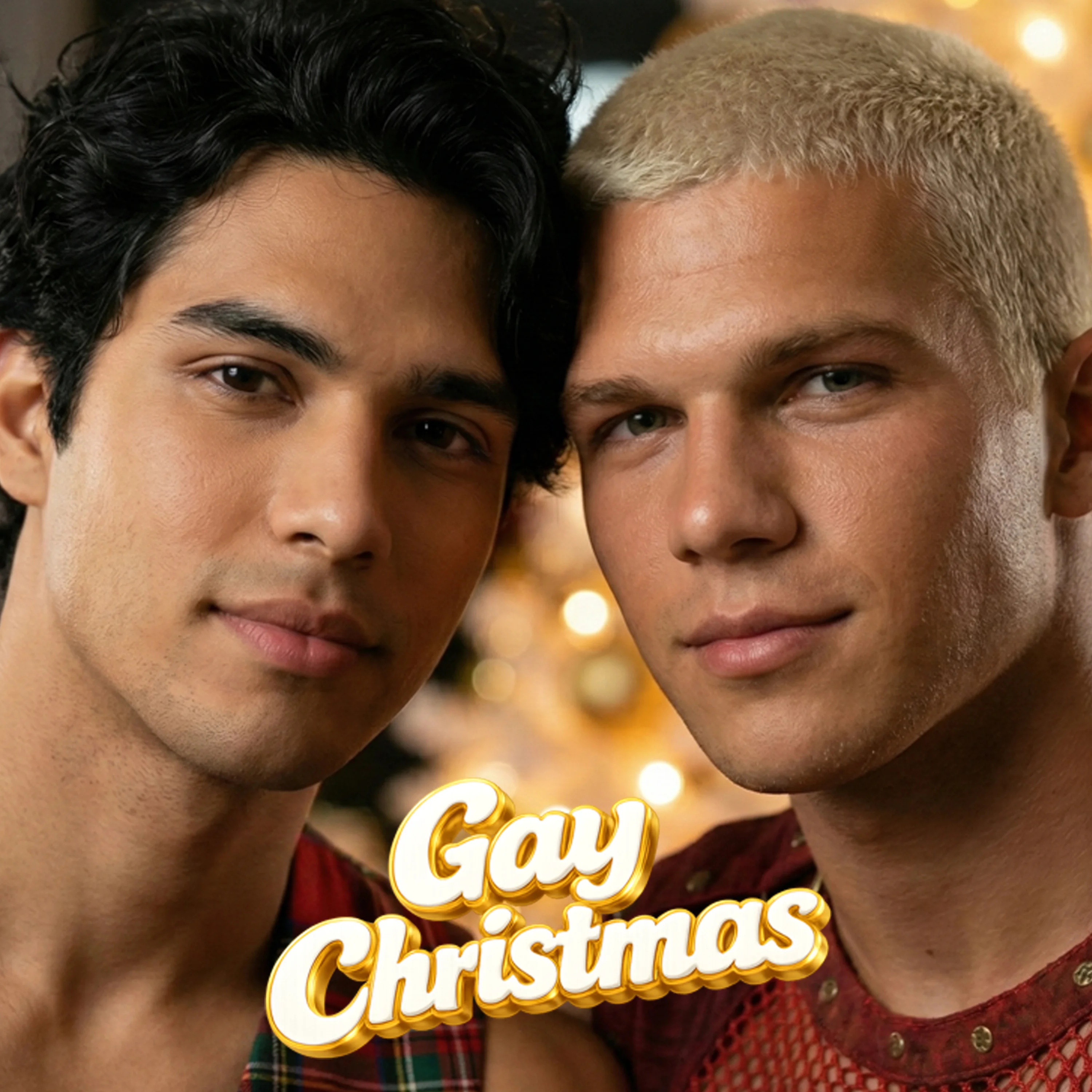 Gay Christmas cover artwork featuring two male performers in a close portrait with warm golden holiday lights.