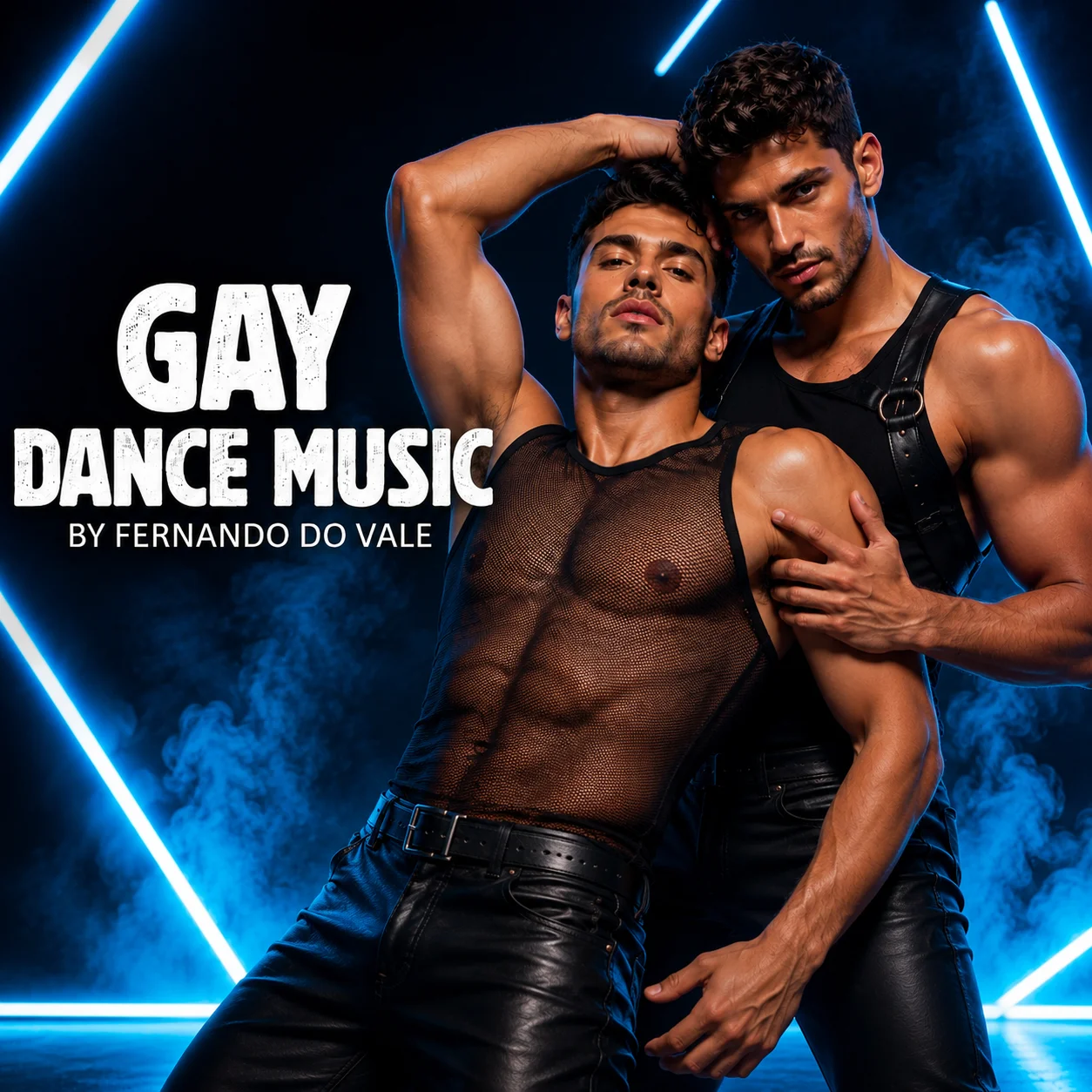 Gay Dance Music official music video artwork featuring two male performers in black styling against electric-blue neon geometry.