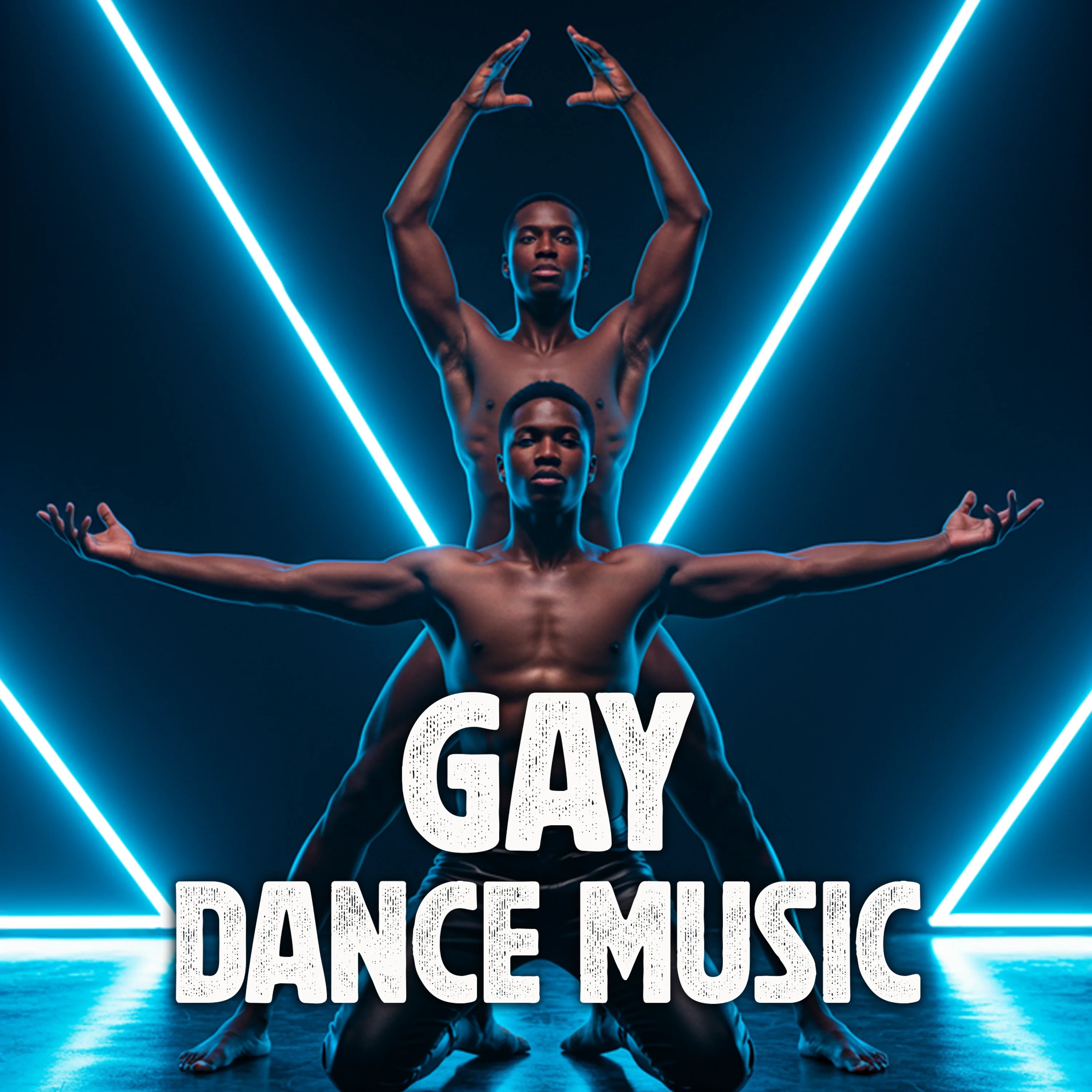 Gay Dance Music cover artwork featuring two male dancers forming a choreographic pose beneath electric-blue neon lights.
