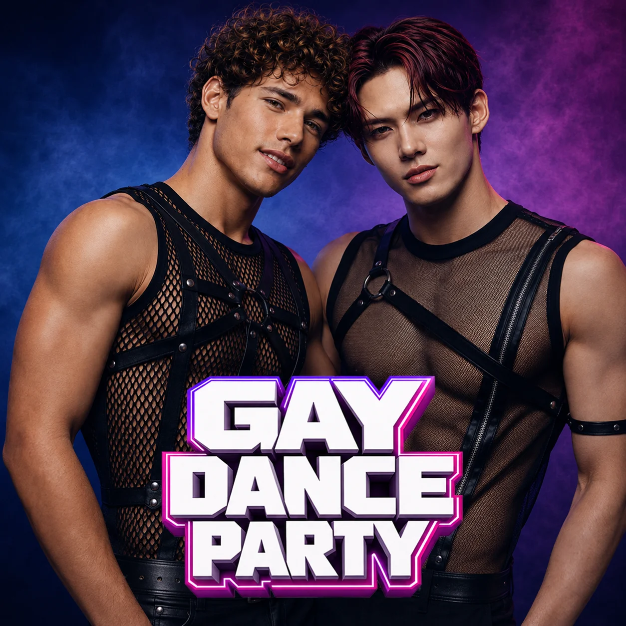Gay Dance Party official music video artwork featuring Yzty and Rhavi in black mesh performance styling against blue and violet smoke.