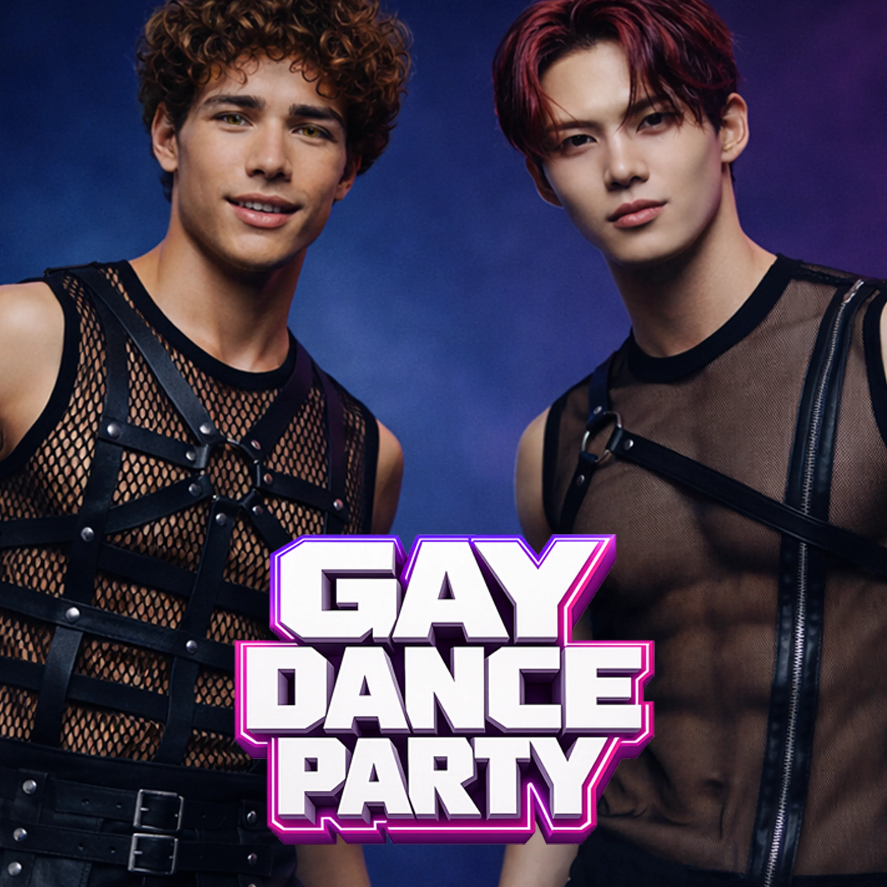 Gay Dance Party cover artwork featuring Yzty and Rhavi in black mesh and harness-inspired styling against a deep blue and violet background.