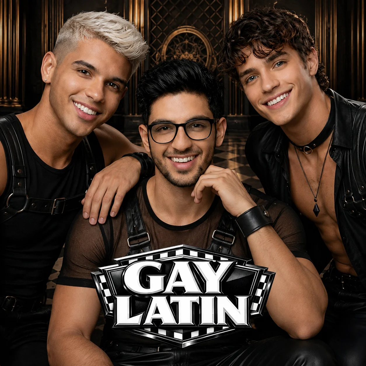 Gay Latin official music video artwork featuring three smiling male performers in black styling inside a dark bronze-toned interior.