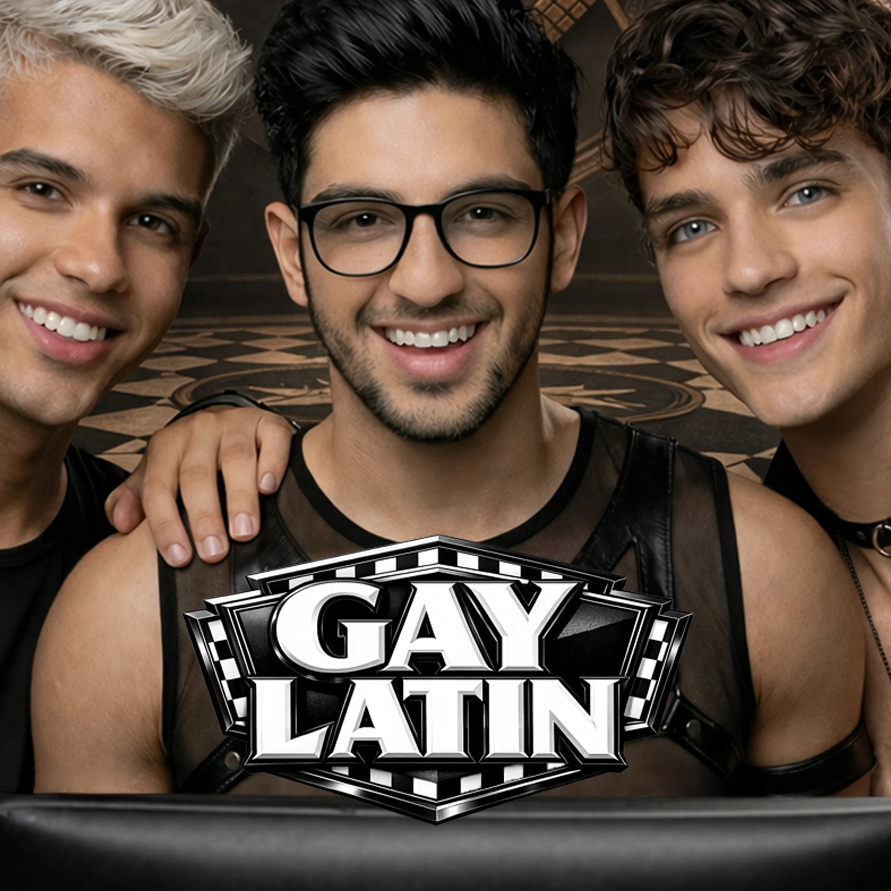 Gay Latin single cover featuring three smiling male performers, black styling and a polished black-and-silver title emblem.