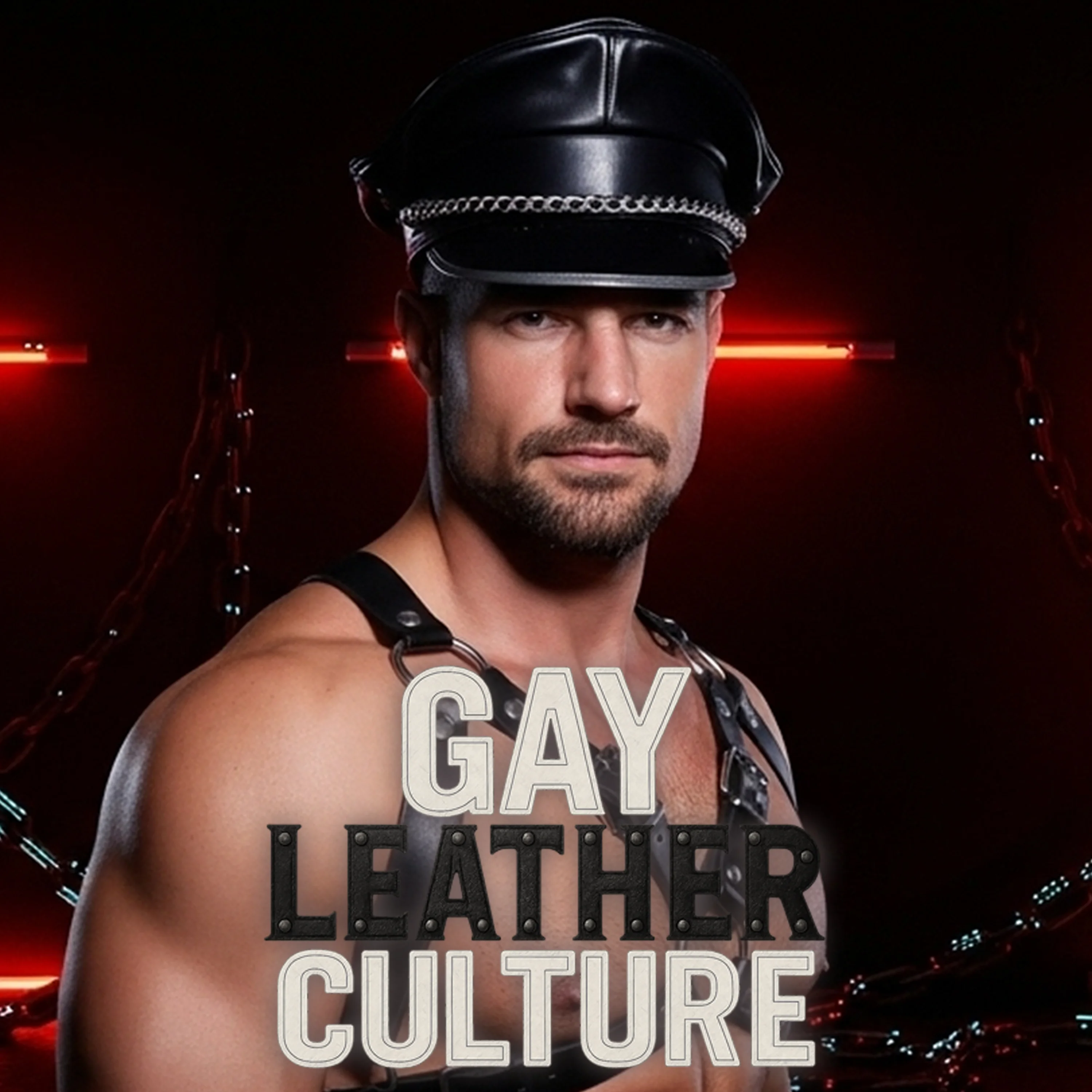 Gay Leather Culture cover artwork featuring a leather-clad male performer in a black cap and harness, red neon light, dark chains and the official title.