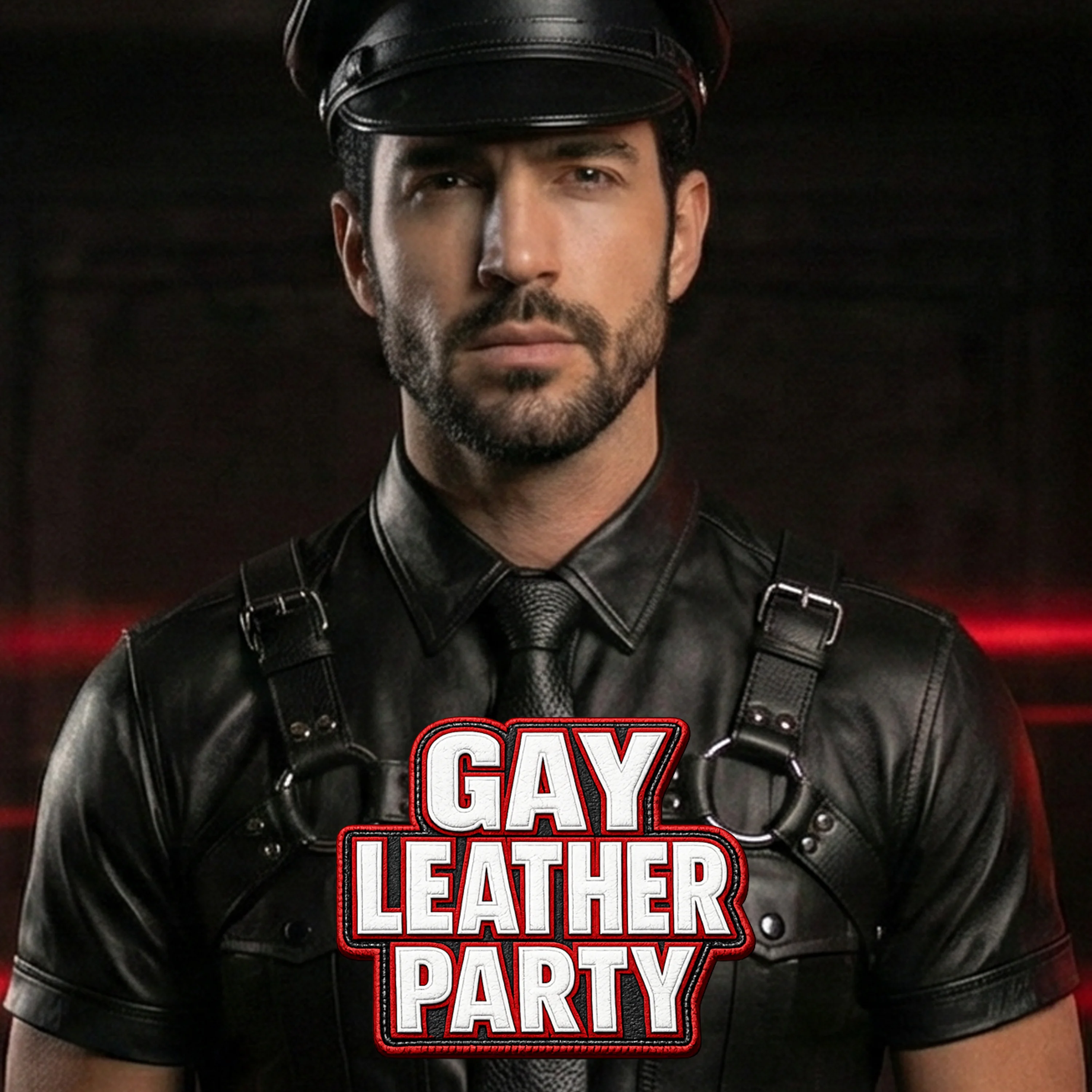 Gay Leather Party square cover featuring a male performer in a black leather cap, shirt, tie and harness against red horizontal lights.
